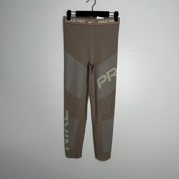 Nike Pro Dri-FIT Women's Tan Tight Fit High Rise 7/8 Length Logo Leggings Size S - Picture 1 of 8
